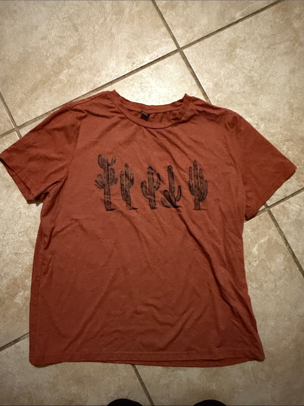 SHEIN Rust Brown Short Sleeve Tee with Black Cactus Graphic